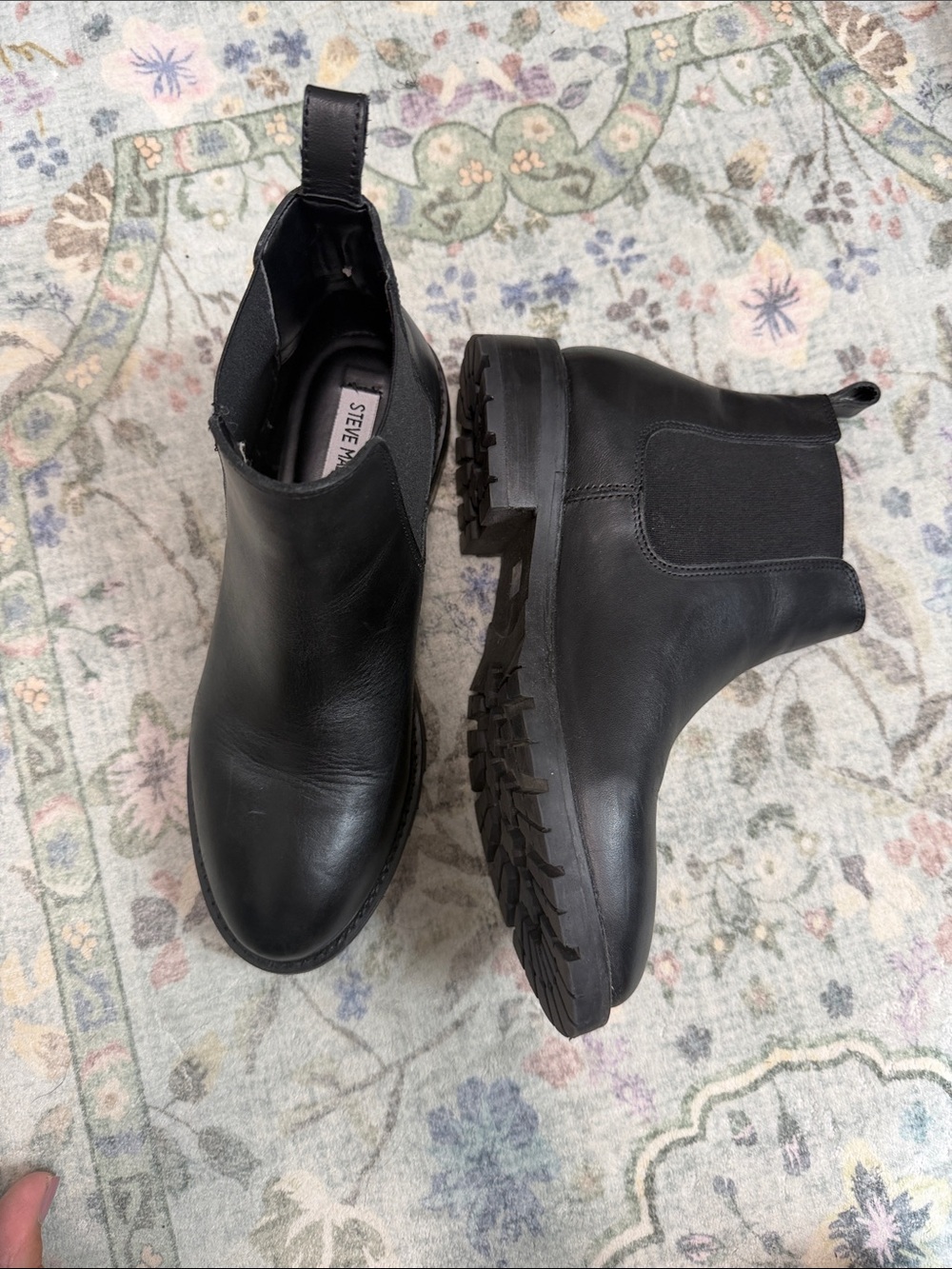 Steve Madden Black Leather Lug Sole Chelsea Booties